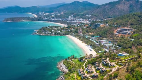 Aerial hyperlapse of the coast of Phuket island in Thailand. Flight over the beaches of Kata Noi, Ka