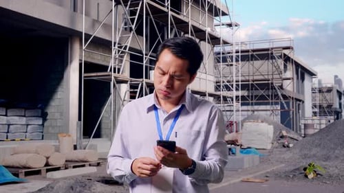 Asian Male Use Smartphone And Headache At Building Site