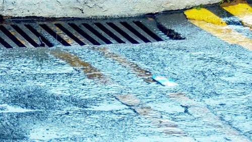 Rain Flows Into Storm Drain on Street