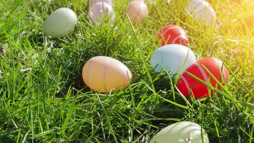 Colorful Easter eggs scattered in green grass