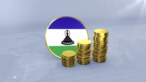Lesotho Flag With Plain Gold Coins Tower