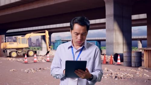 Asian Male Worker Use Tablet And Headache At Building Site