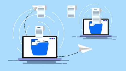 Flat Design File Transfer Animation Between Laptops