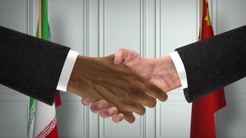 Iran and China Officials Business Meeting. Diplomacy Deal Animation. Partners Handshake 4K