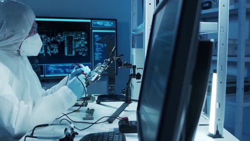 Microelectronics Engineer Works in a Modern Scientific Laboratory on Computing Systems and