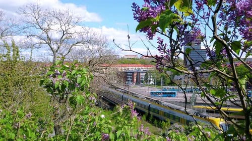 Passenger train passing on railroad tracks in Gothenburg, high angle