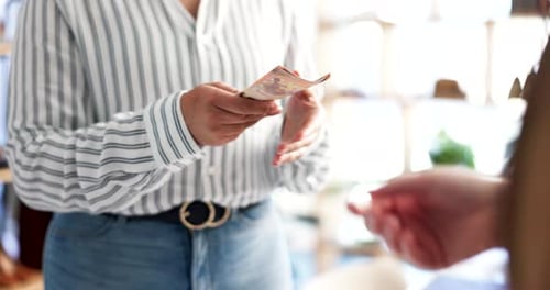 Commerce, woman and hands with cash money from customer for payment, shopping