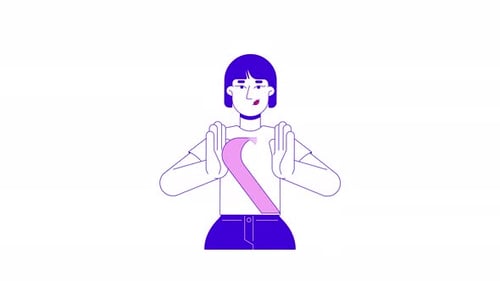 Korean woman holding pink ribbon awareness 2D character animation