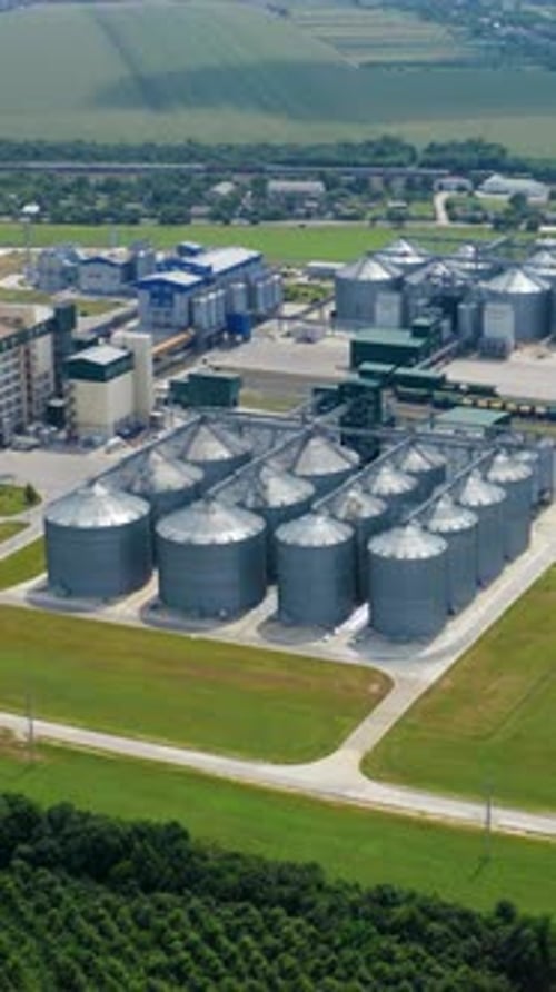 Grain storage in large silos. A large tanks for grain or seed near road