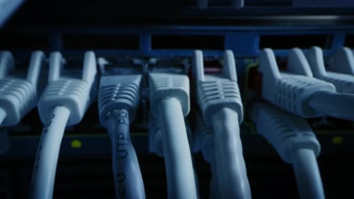Close-up Macro Shot: Ethernet Cables Connected to Router Ports. Telecommunications: RJ45 Device Con