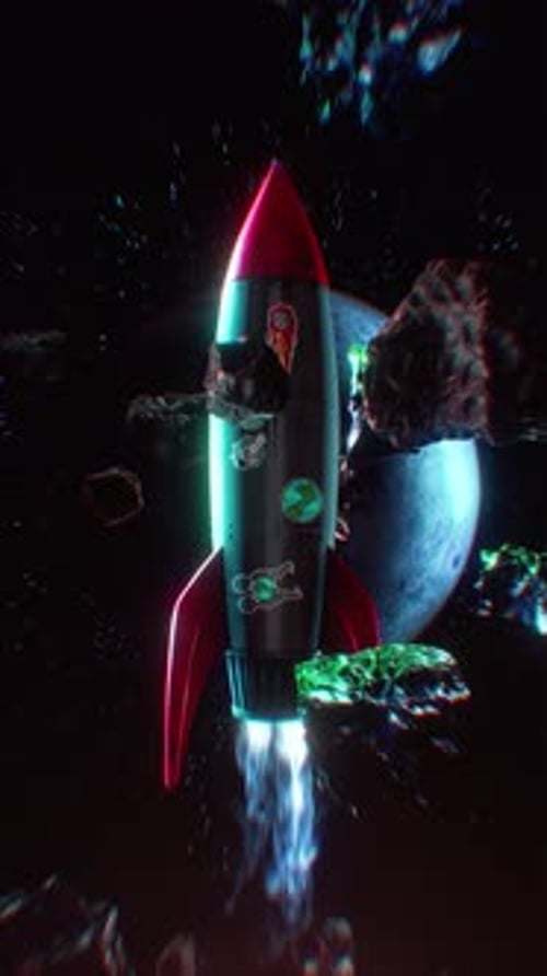 Fusée rétro volant par la lune à travers le fond de l'espace