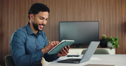 Businessman, scroll or tablet in office with smile for financial audit, positive feedback