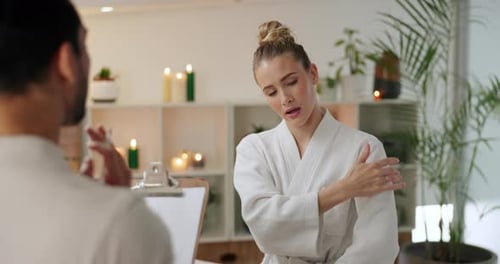 Physical therapy, spa or woman in physiotherapy for injury, posture assessment