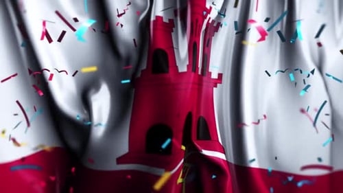 Gibraltar Flag Waving with Festive Confetti Animation