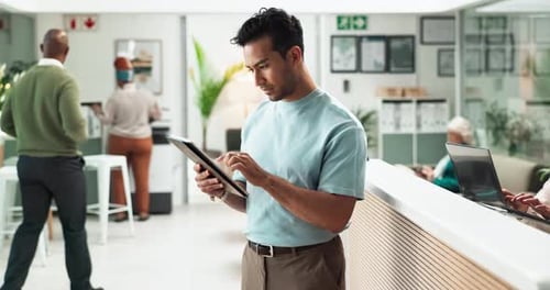 Problem solving, research and tablet with designer man reading creative information in office