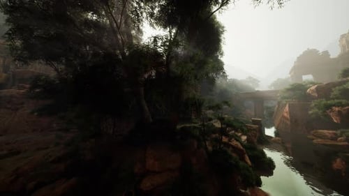 Calm Foggy Canyon with Mossy Stone Steps and Reflective Water