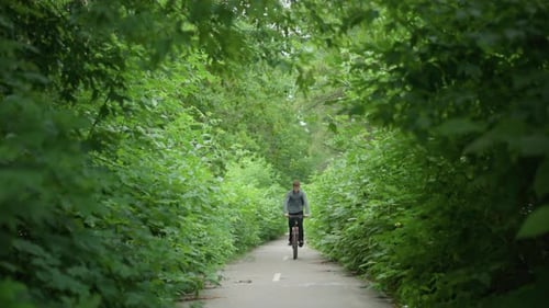 Young Boy Riding Bicycle Through Scenic Green Tunnel on Paved Pathway