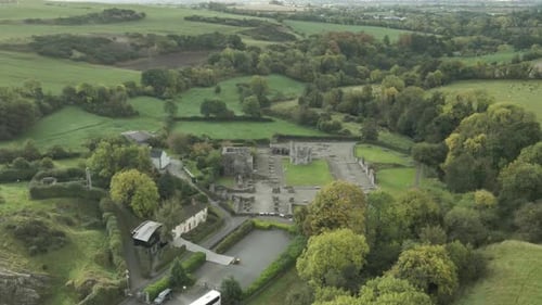 Panorama Of Old Mellifont Abbey Monument In Tullyallen, County Louth, Ireland. Aerial Drone Shot