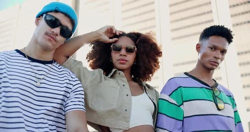 People, friends or fashion with sunglasses in city for casual or urban style clothing together