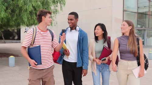 Group of Young Multiracial High School Students Walking and Talking Together University Classmates