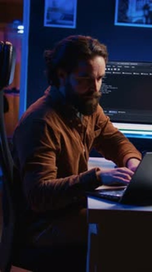 Computer Scientist Putting Headphones on While Developing Code on PC