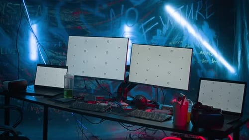 Cyberpunk Hacker Station with Multiple Monitors and Devices