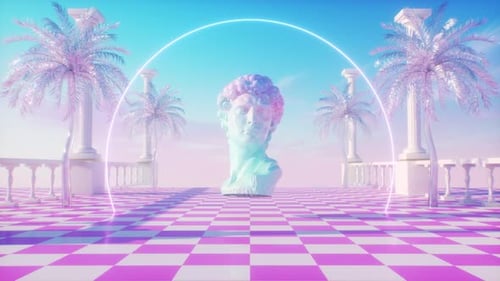 Futuristic Vaporwave Loop with Neon Arch and Classical Bust