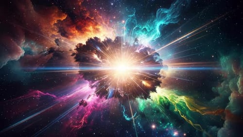 Vibrant 3D render of cosmic energy explosion with colorful nebula ring and bright central star