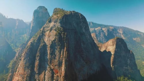 Overlooking Yosemite valley on background. Aerial view of beautiful national park landscapes.