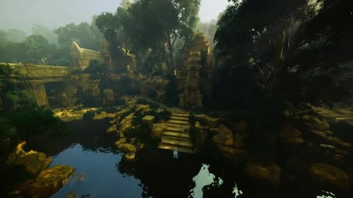 Temple silencieux recouvert de mousse entouré d'une végétation luxuriante et de tranquillité