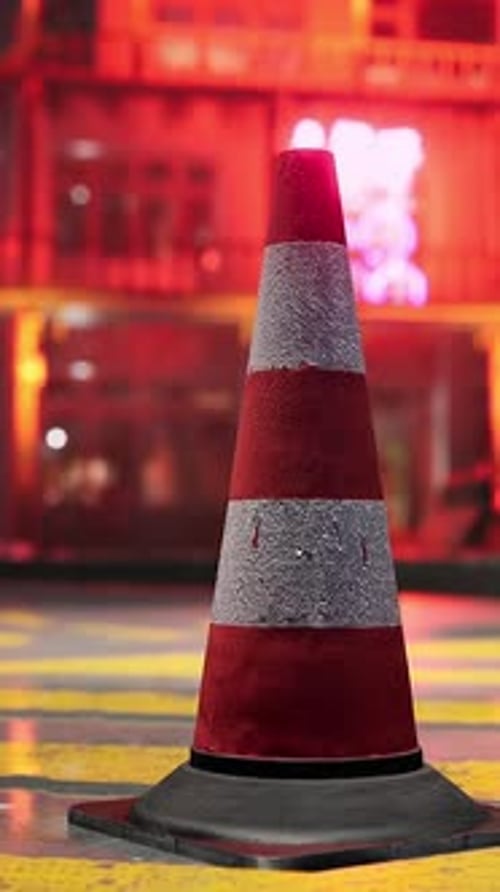 A Red and White Traffic Cone Sitting on the Side of a Road