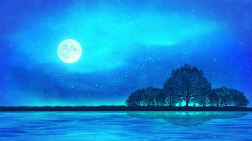 Glowing Full Moon In Starry Sky Over River