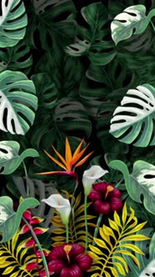 Animated Tropical Leaves and Flowers Seamless Vertical Background
