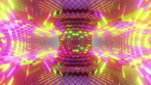 Colorful abstract background inside pixelelisation build torus tunnel 3d render. Seamless looped