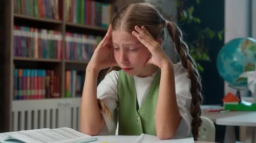 Sad Caucasian Little Girl School Child Kid Upset Schoolkid Pupil Frustrated Overworked Learner