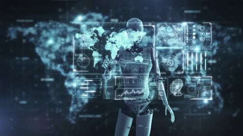 Roboter arbeitet mit virtueller interaktiver Schnittstelle mit Weltkarte