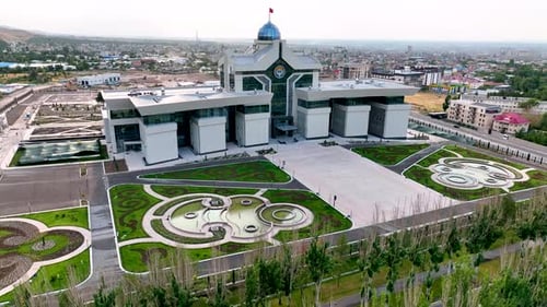Aerial view of Yntymak Ordo government building in Bishkek