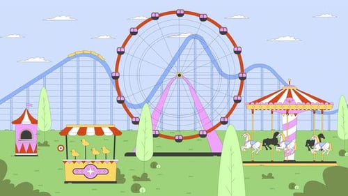 Empty amusement park with ferris wheel, carousel, carnival game 2D cartoon animation