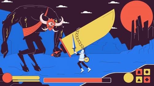 Fighting evil boss in videogame line 2D animation