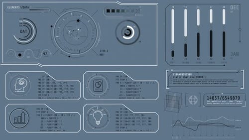 Animiertes Hightech-Dashboard mit grafischen Symbolen zur Verarbeitung von Daten
