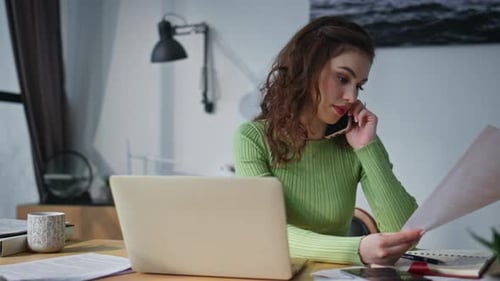 Business Consultant Calling Office Desk Closeup Accountant Doing Paperwork