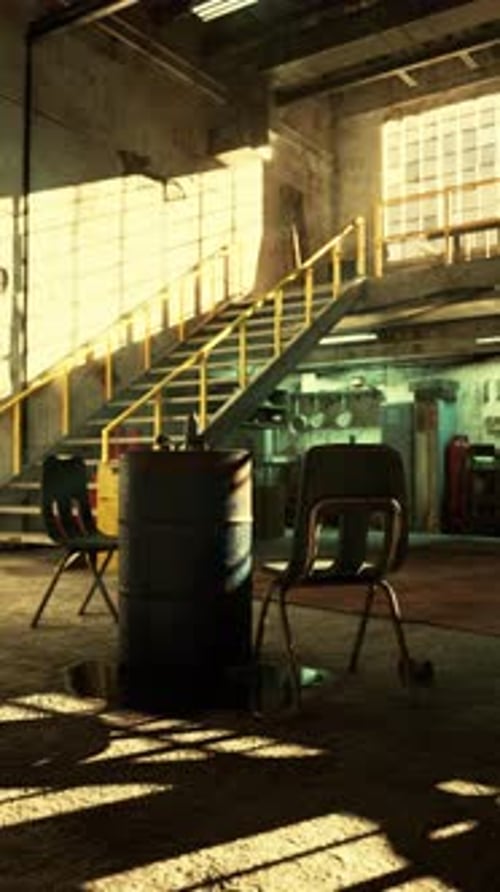 Chair and Trash Can Placement in Old Auto Repair Shop