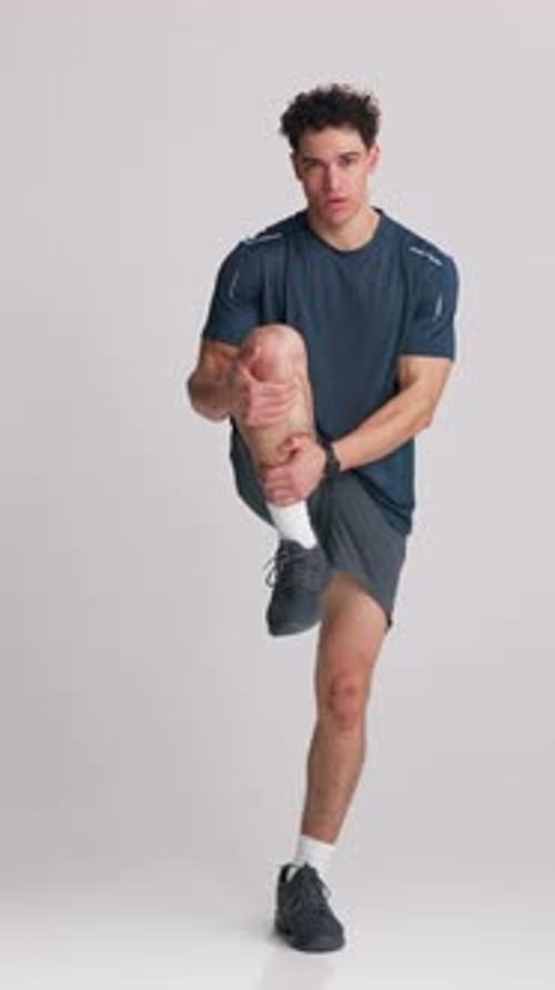 Fitness, face or man in studio with stretching, muscle preparation or exercise in body activity