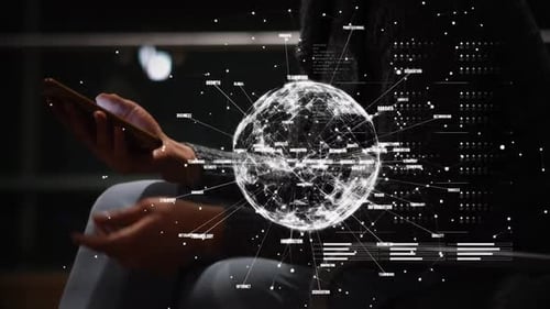 Animation of globe of network of connections with business text over woman using smartphone