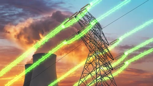 Glowing Green Electricity Flowing Through Power Lines at Sunset