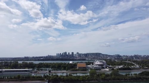 Aerial view of Montreal old port with skyline city at distance in Quebec Canada during. sunny day of