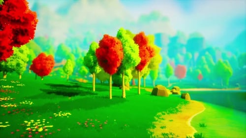 Colorful Cartoon Forest at Sunset