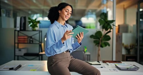 Thinking, woman and scroll on tablet in office for article review, draft feedback or story editing