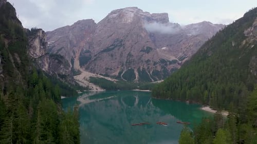 Aerial view of Braies Lake and mountains, Italy.