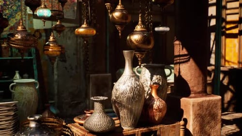 Vibrant Market Stalls Showcasing Handcrafted Pottery in a Small African Town